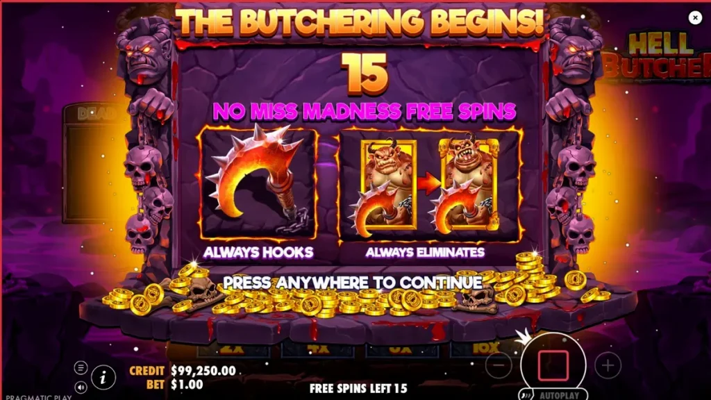 Cena temática de horror do slot Hell Butcher com símbolos de cutelos e elementos macabros
